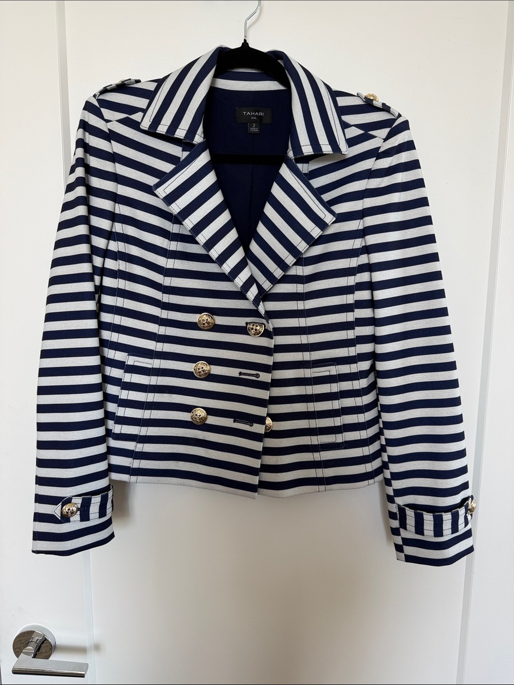 T Tahari Navy and White Striped Double-Breasted Blazer with Gold Buttons